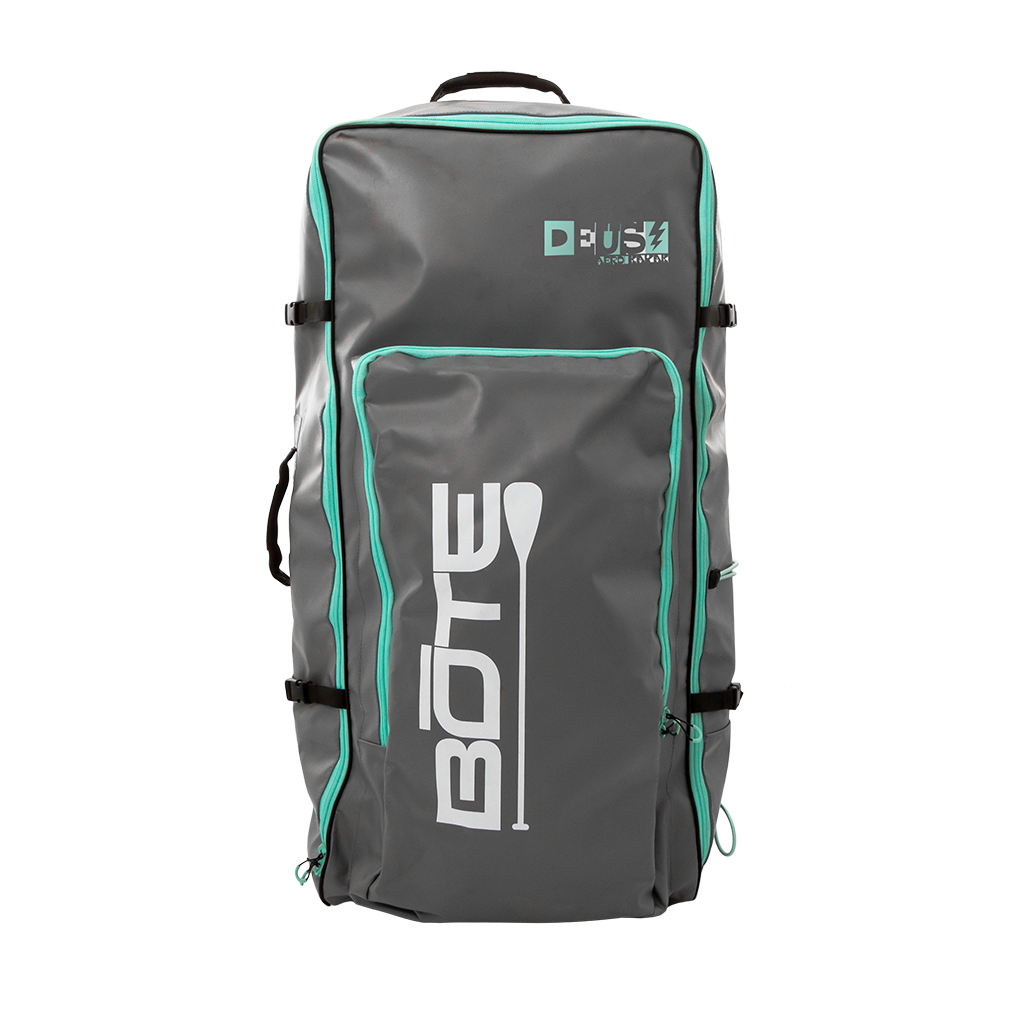 Front view of the DEUS Aero Bag in gray with teal trim, showing main pocket and carry handle.