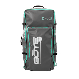 Front view of the DEUS Aero Bag in gray with teal trim, showing main pocket and carry handle.