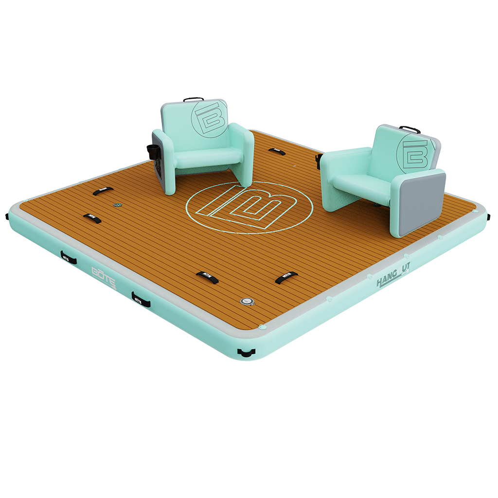 10' Hangout Dock Package with two teal inflatable chairs on a wood-grain floating dock platform.