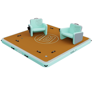 10' Hangout Dock Package with two teal inflatable chairs on a wood-grain floating dock platform.