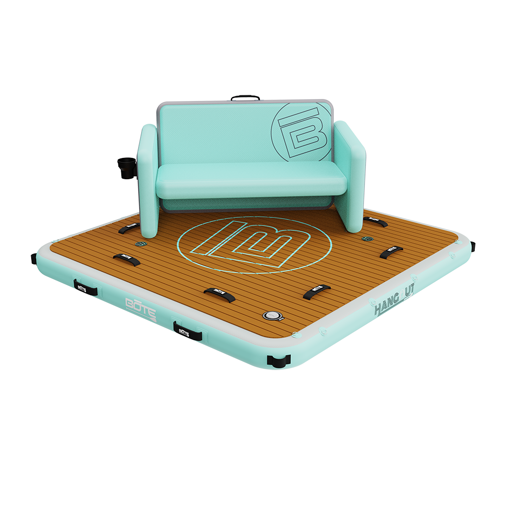 7' Hangout Dock Package with a teal inflatable couch on a wood-grain floating dock platform.