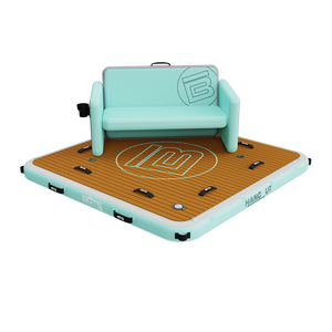 7' Hangout Dock Package with a teal inflatable couch on a wood-grain floating dock platform.