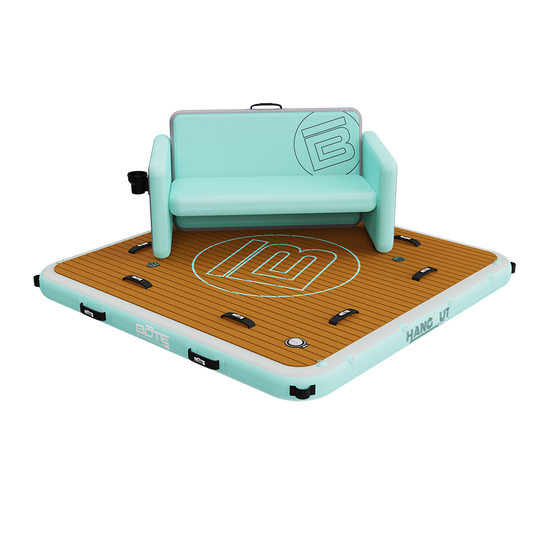 7' Hangout Dock Package with a teal inflatable couch on a wood-grain floating dock platform.