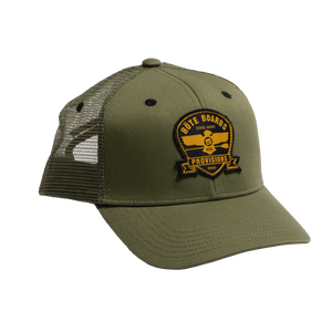 Front view of Eagle Supply Trucker Hat in Green with black and yellow logo with eagle holding a paddle.