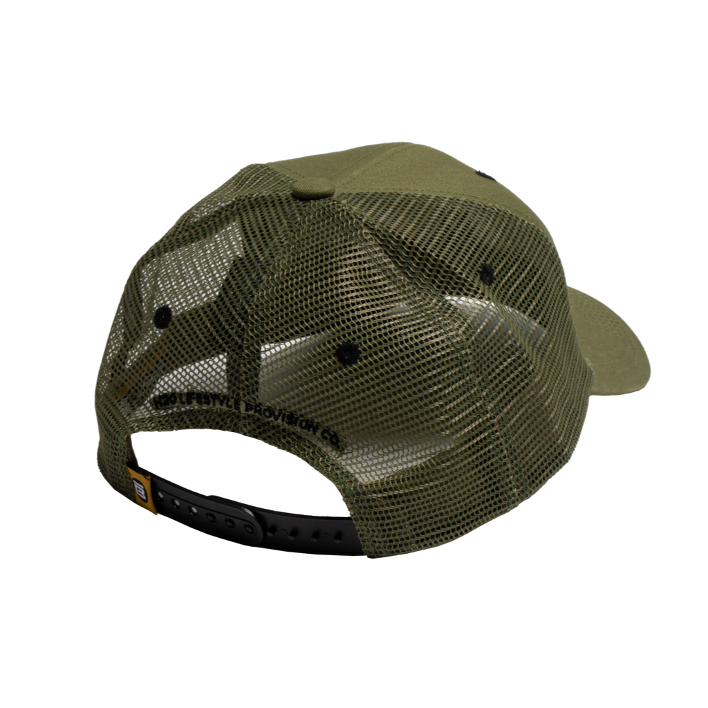 Rear view of Eagle Supply Trucker Hat in Green with green mesh back.