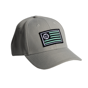 Front view of BOTE Nation Flag Hat Gray in Grey with seafoam green, white and black patch.