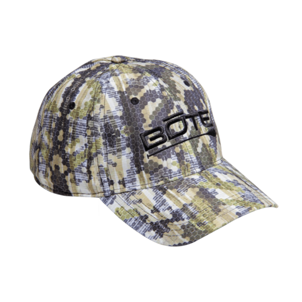 Front view of BOTE Logo Verge Camo Ripstop Hat with Camo Print and Black BOTE Logo.