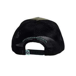 Rear view of the BOTE Boxed Logo Hat with brown Patch in dark green with black mesh back..