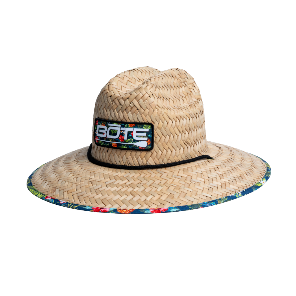 Front view of BOTE Native Cuda Straw Hat with Hawaiian print patch BOTE logo and brim design.