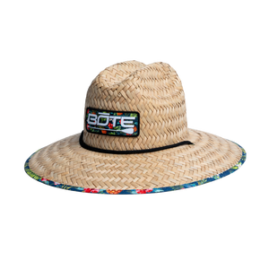 Front view of BOTE Native Cuda Straw Hat with Hawaiian print patch BOTE logo and brim design.