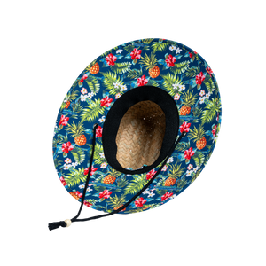 View from beneath the BOTE Native Cuda Straw Hat with Hawaiian print design on the underside of the brim and a black drawstring.