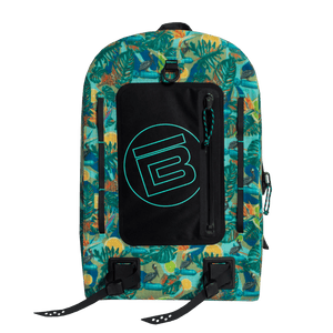 Front view of Highwater Backpack Native Bombardier with black front pocket and B logo.