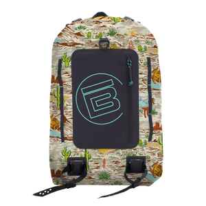 Front view of Highwater Backpack Native Sendero with black front pocket and desert print.