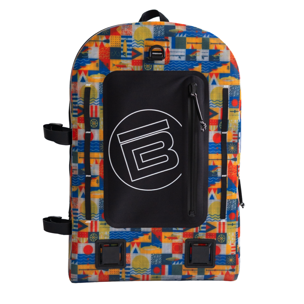 Highwater Backpack in colorful geometric pattern with large front pocket, zipper, and side straps.