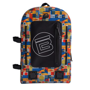 Highwater Backpack in colorful geometric pattern with large front pocket, zipper, and side straps.