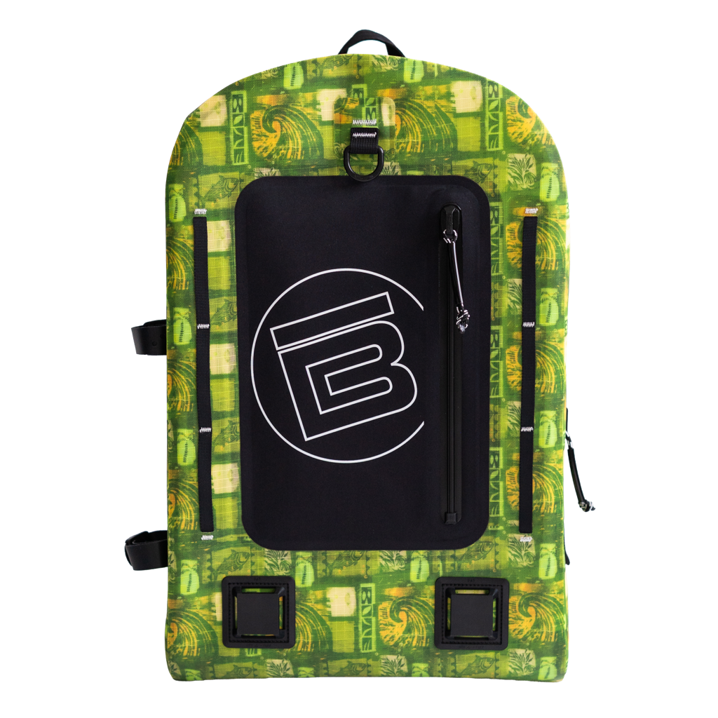 Highwater Backpack in green pattern with front zip pocket, grab handle, and dual lower mounts.