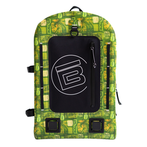 Highwater Backpack in green pattern with front zip pocket, grab handle, and dual lower mounts.