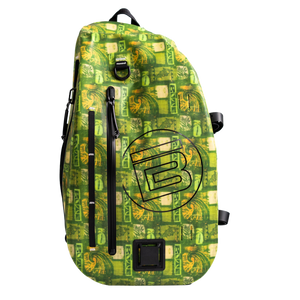 Highwater Slingpack in green pattern with front zip pocket, grab handle, and side straps.