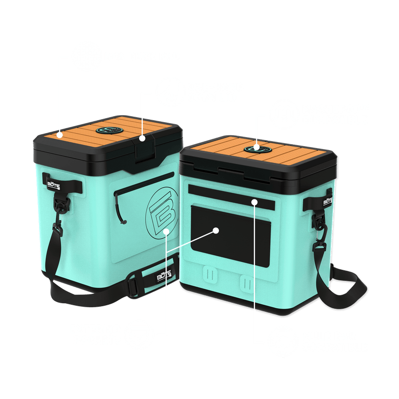 KULA Mule cooler with labeled features including Magnepod and exterior pockets.