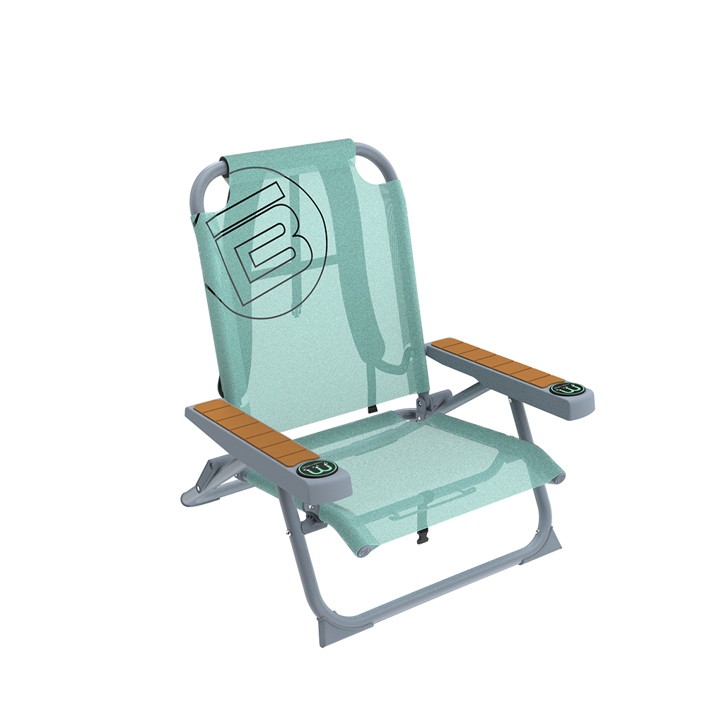 Angled front view of Mule Dune Chair with mint mesh seat, gray frame, and wood armrests.