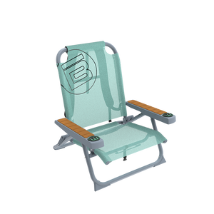 Angled front view of Mule Dune Chair with mint mesh seat, gray frame, and wood armrests.