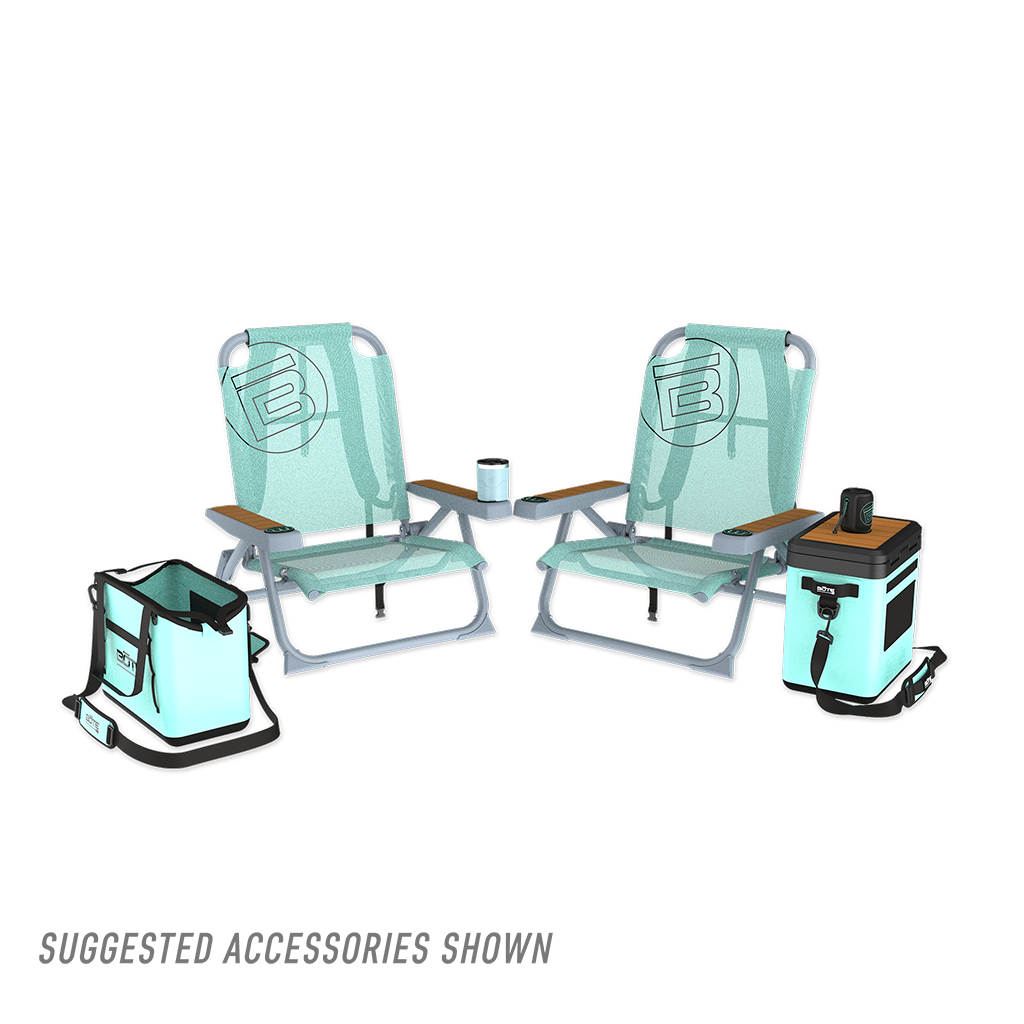 Front view of two Mule Dune Chairs with cooler, tote, and table accessories.