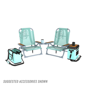 Front view of two Mule Dune Chairs with cooler, tote, and table accessories.