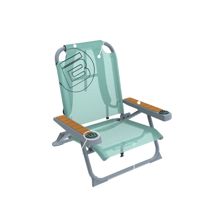 Front angled view of Mule Dune Chair with labeled features including reclining backrest and mesh seat.