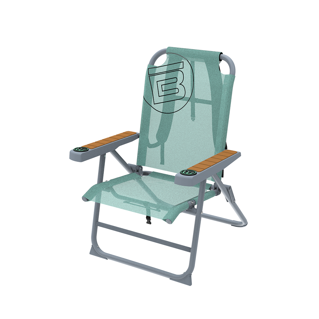 Angled front view of Mule Outpost Chair with mint mesh seat, gray frame, and armrests.