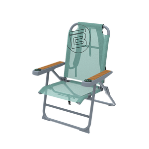 Angled front view of Mule Outpost Chair with mint mesh seat, gray frame, and armrests.