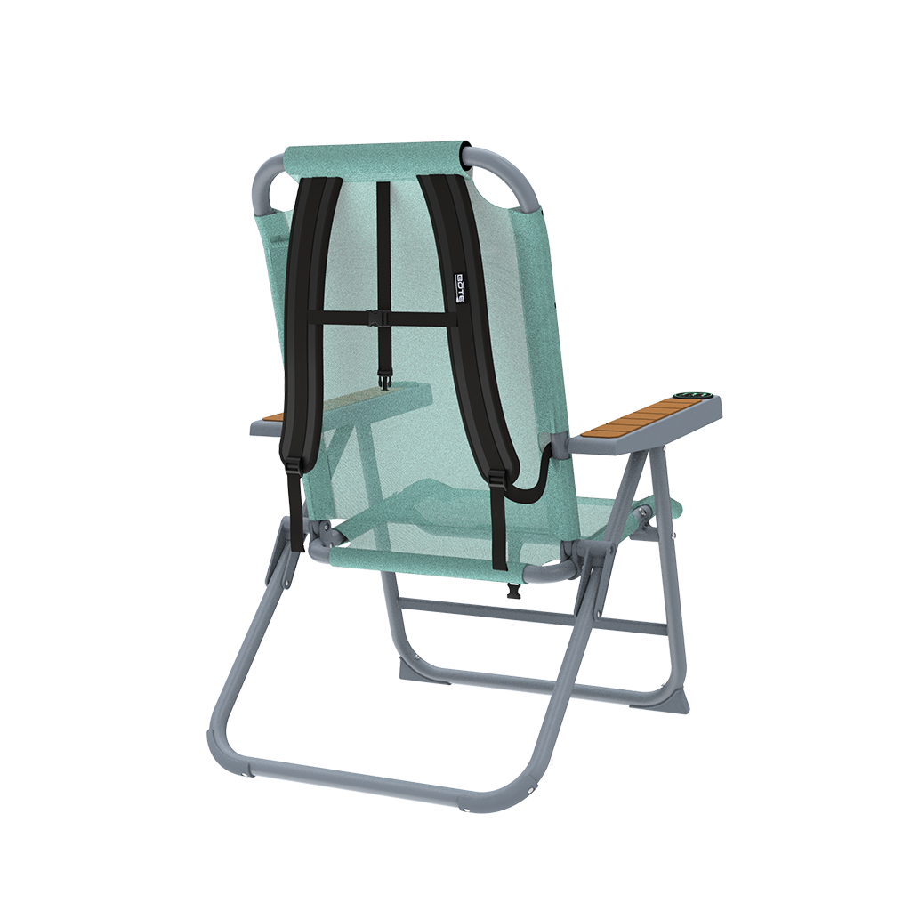 Rear view of Mule Outpost Chair showing backpack straps on mint mesh backrest.