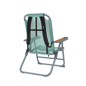 Rear view of Mule Outpost Chair showing backpack straps on mint mesh backrest.