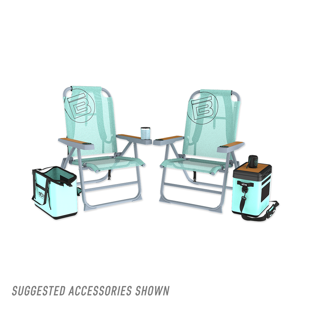 Front view of two Mule Outpost Chairs with cooler, table, and tote accessories.
