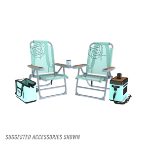 Front view of two Mule Outpost Chairs with cooler, table, and tote accessories.