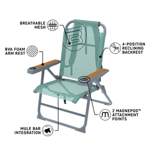 Angled view of Mule Outpost Chair with labeled feature callouts on seat and armrests.