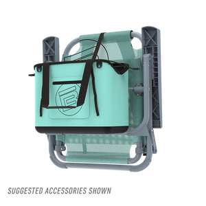 Mule Tote attached to folded chair frame in mint and black colorway.