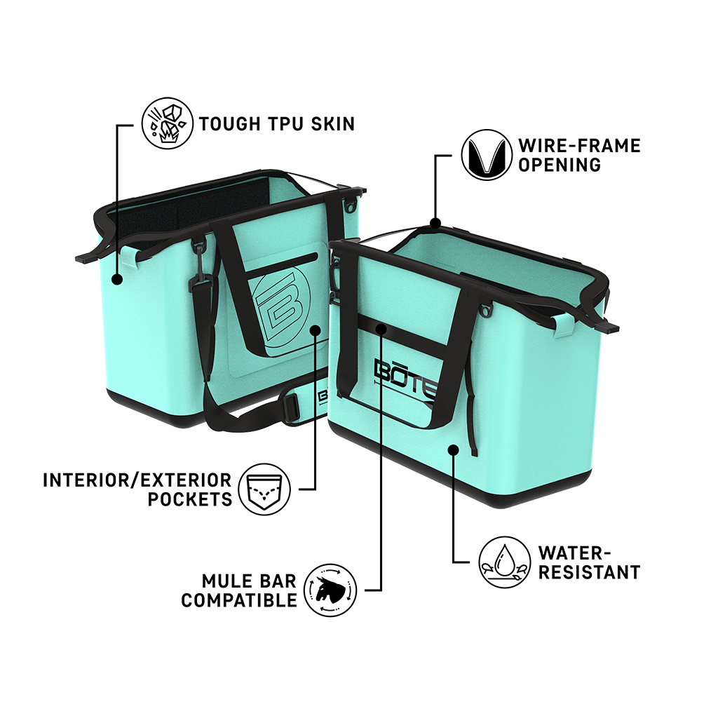 Angled view of two Mule Totes in mint with feature callouts on straps, pocket, and base.