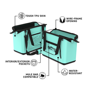 Angled view of two Mule Totes in mint with feature callouts on straps, pocket, and base.