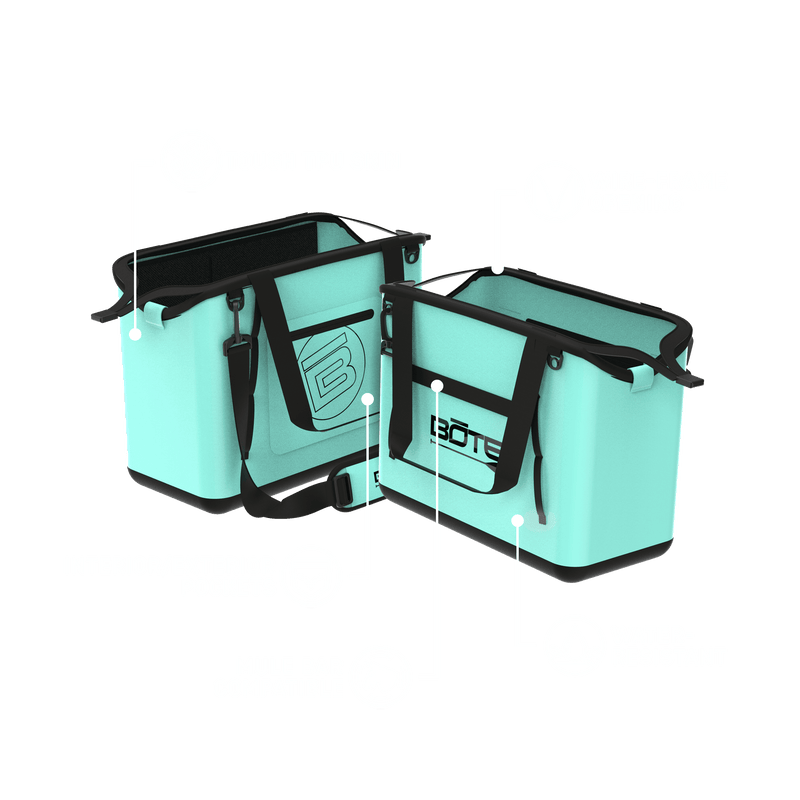 Front and rear view of Mule Tote with labeled features including pockets and water-resistant design.