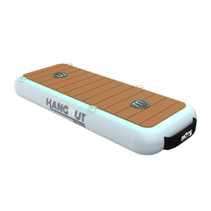 Angled view of Hangout Side Piece inflatable dock with teak-style deck and mint rails.