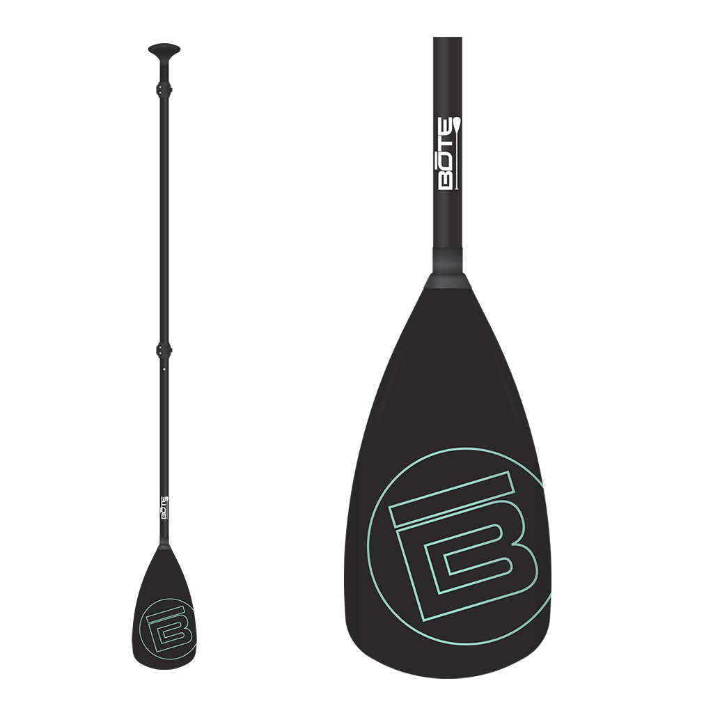Full-length and blade close-up of the 3-Piece Adjustable Aluminum Paddle in black with BOTE logo.