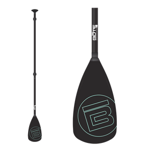 Full-length and blade close-up of the 3-Piece Adjustable Aluminum Paddle in black with BOTE logo.