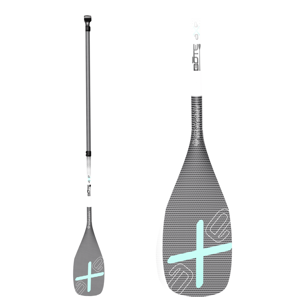 Front view of Axe Paddle Pro 3-Piece Adjustable Carbon SUP Paddle with close-up blade detail.