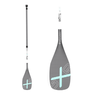 Front view of Axe Paddle Pro 3-Piece Adjustable Carbon SUP Paddle with close-up blade detail.