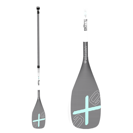 Front view of Axe Paddle Pro 3-Piece Adjustable Carbon SUP Paddle with close-up blade detail.