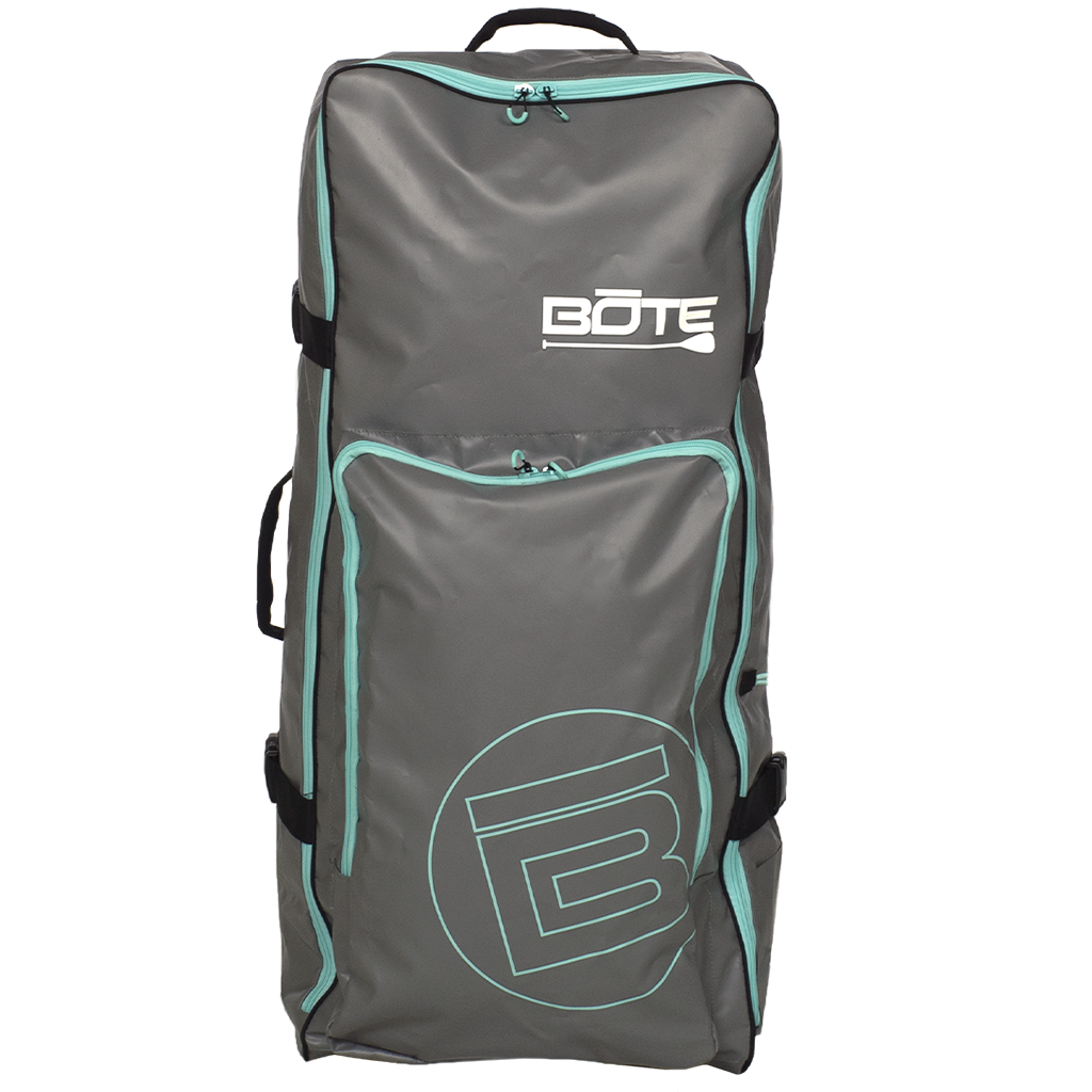 Front view of the Rackham Aero Bag in gray with teal accents and large vertical logo.