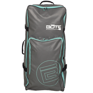 Front view of the Rackham Aero Bag in gray with teal accents and large vertical logo.