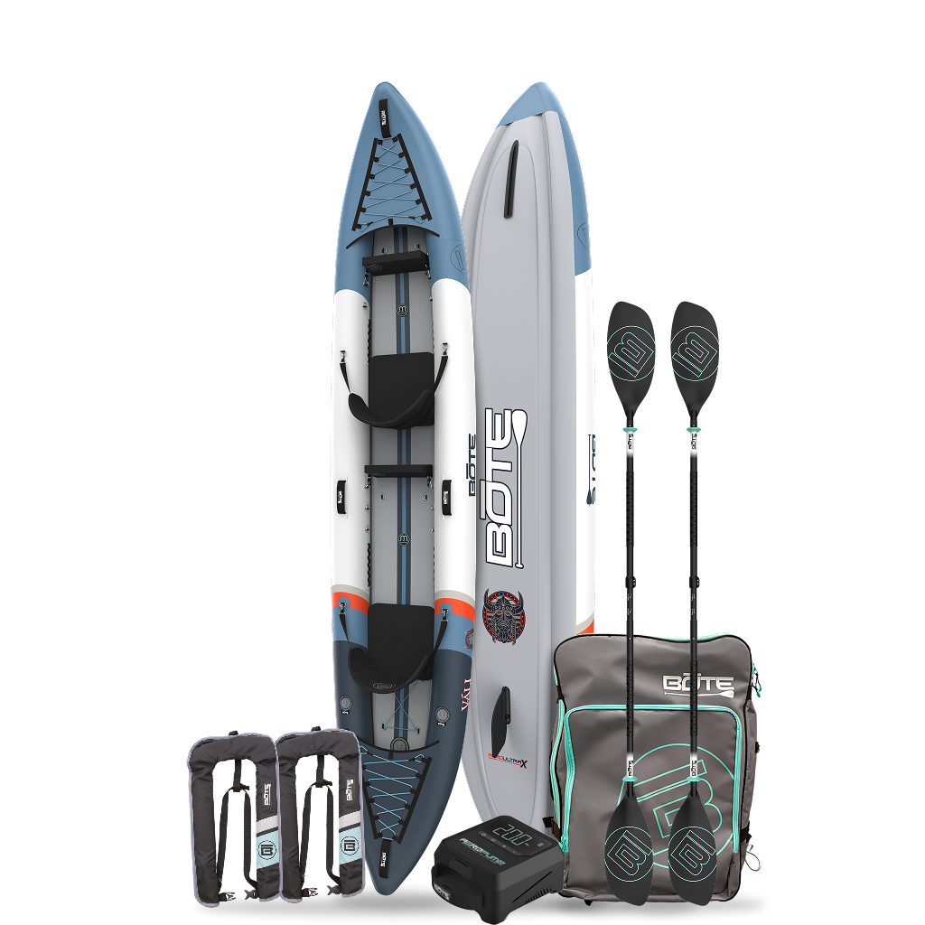 Vali inflatable tandem kayak with included accessories on a white background. The Accessories include a travel packable bag, 2 black paddles, 2 stainless steel MAGNETumblers, an electric air pump and 2 inflatable life vests.