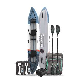 Vali inflatable tandem kayak with included accessories on a white background. The Accessories include a travel packable bag, 2 black paddles, 2 stainless steel MAGNETumblers, an electric air pump and 2 inflatable life vests.