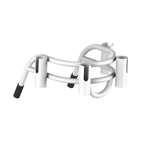 Angled top view of Bucket Rac White showing four rod holders and curved base.